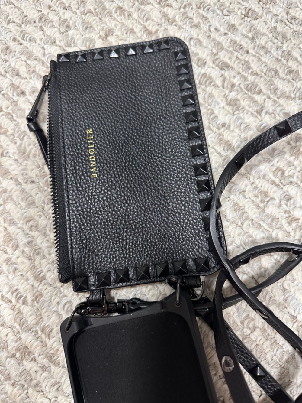 Bandolier Black Pebbled Leather Crossbody Phone Case with Studded Strap - Picture 2 of 5
